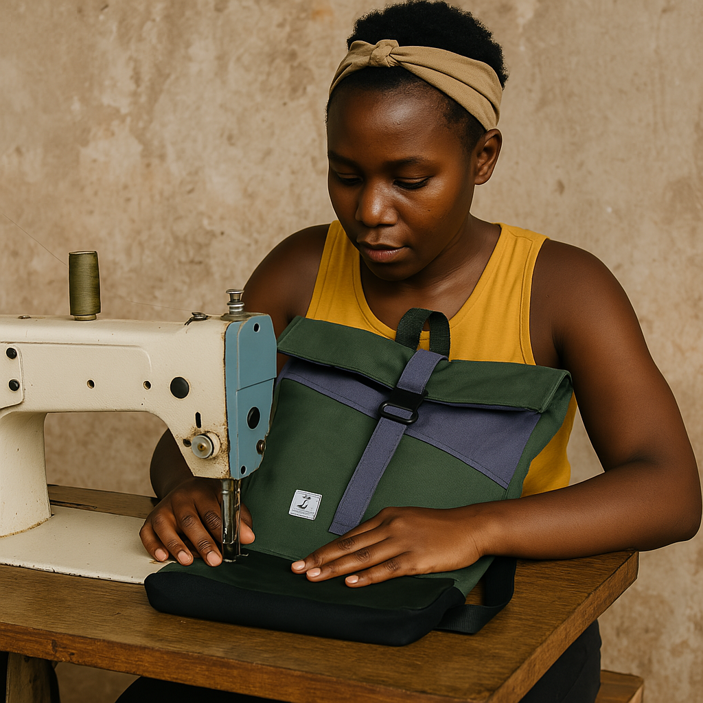 Zetu Africa Explorer bag in production Zetu Africa Explorer bag in production by an artisan with a sewing machine