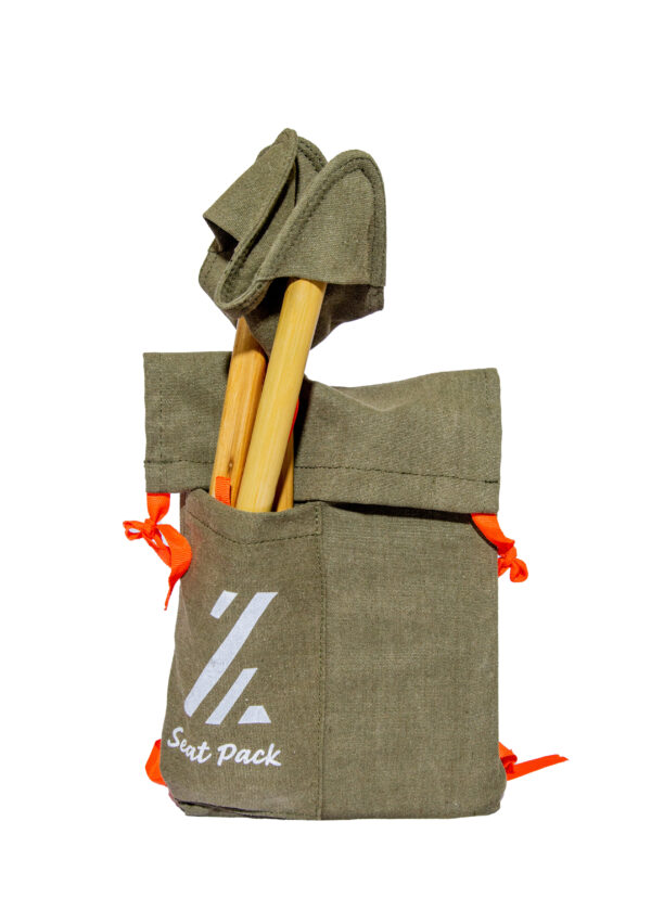 khaki Steatpack bag with folded stool in pocket