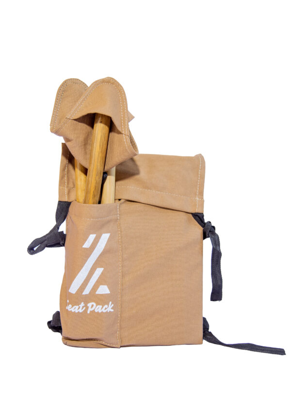 brown Steatpack bag with folded stool in pocket